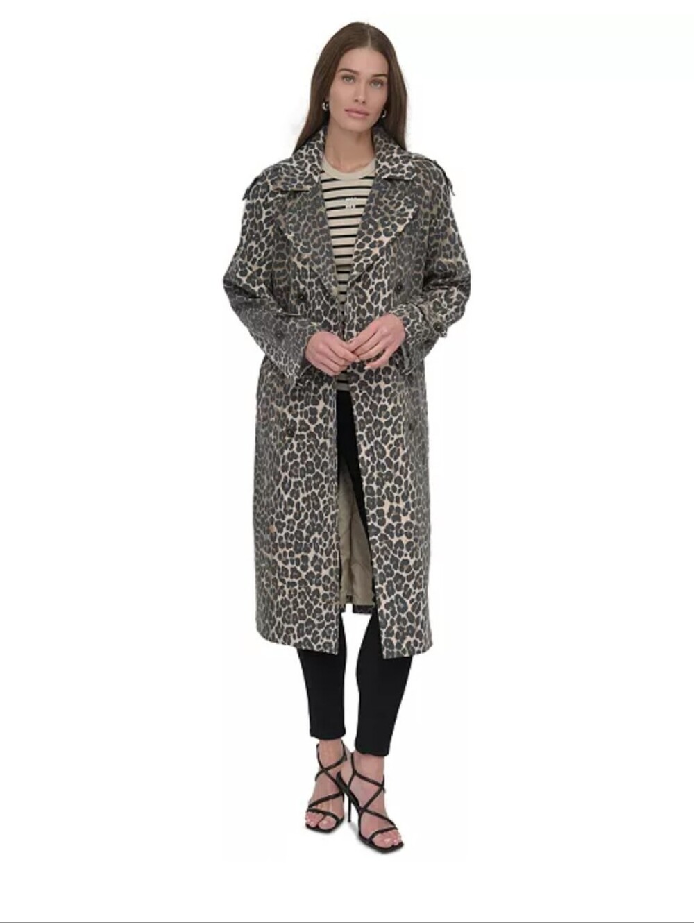 DKNY Women's Belted Double-Breasted Trench Coat In The Color Leopard - Picture 5 of 15
